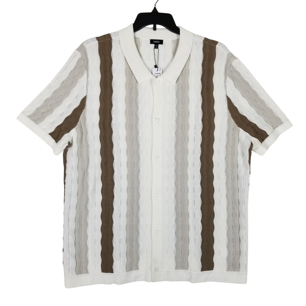 Express Knit Button Down Shirt Men XXL White Brown Wavy Stripe Pointelle